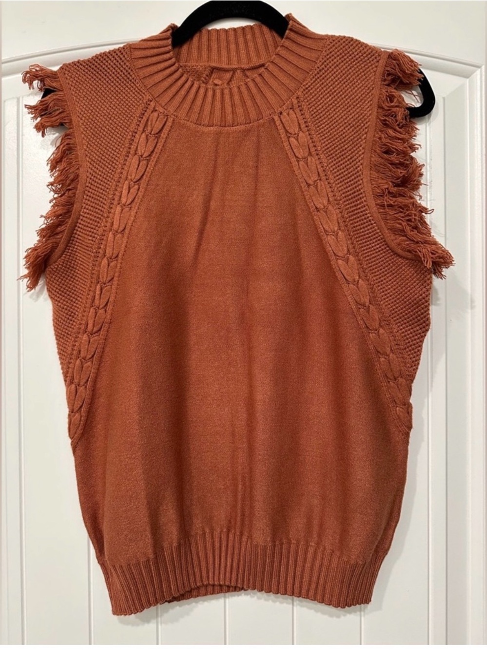 Fringed Knit Sleeveless Sweater in Rust brand new great quality
